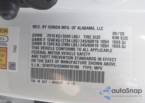 2021 Honda Pilot 2Wd Ex-L from USA, damaged, VIN 5FNYF5H55MB010190